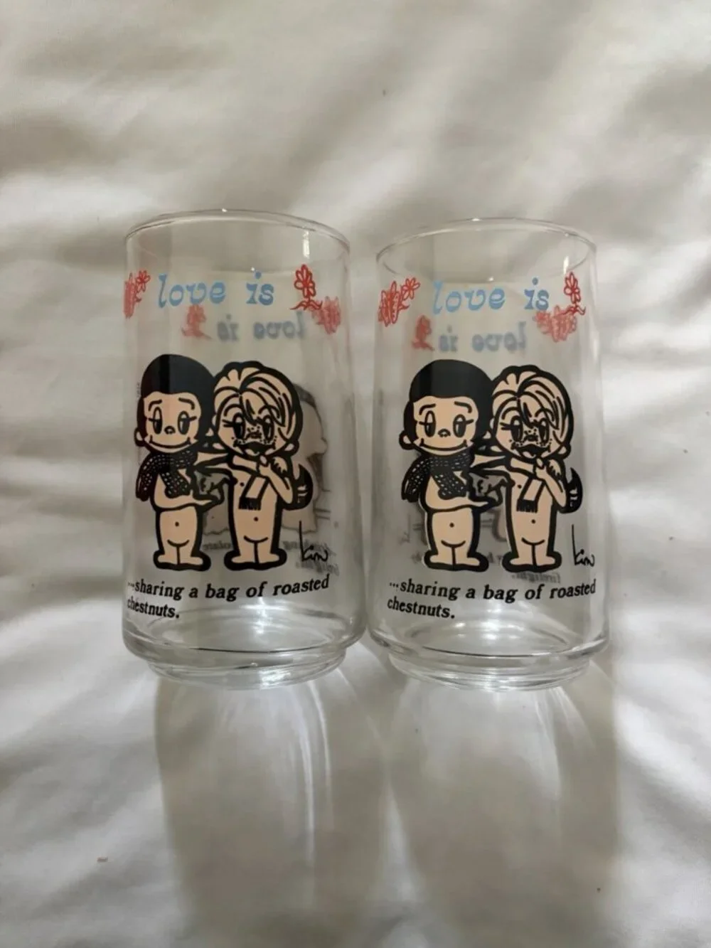 Vintage Anchor Hocking 1976 Kim Casali LA Times Love Is 8 Pc Set 12oz Glass Cups